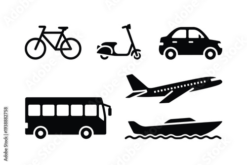 Black and white of various transportation modes bicycle