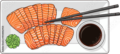 Salmon Sashimi Slices with Soy Sauce Japanese Food Illustration