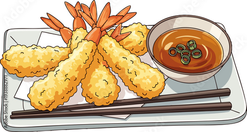 Crispy Shrimp Tempura Japanese Cuisine Vector Illustration
