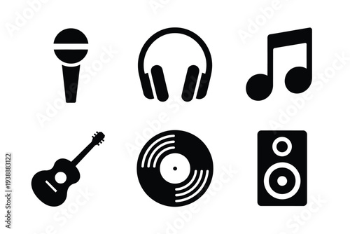 Black music including microphone headphones guitar vinyl and speaker