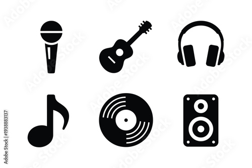 Black music set with microphone guitar headphones speaker and vinyl record