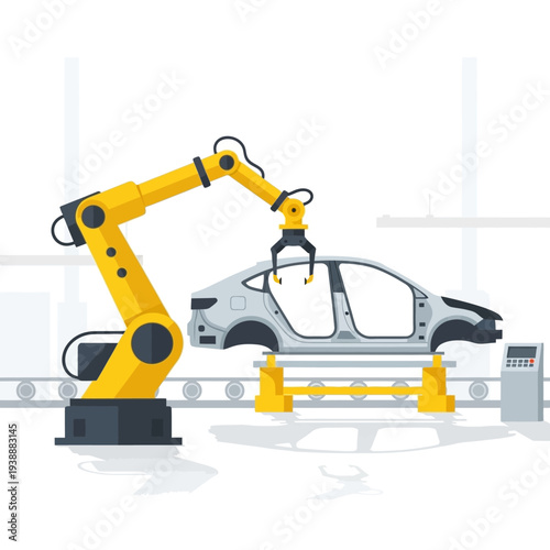 Automotive industry: robotic arm assembling car body on production line