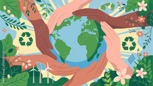 Earth surrounded by hands recycling symbols wind turbines and lush greenery representing eco friendly sustainable living and environmental conservation