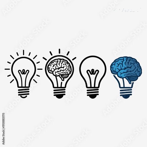 Creative Intelligence and Idea Generation Icon Set: Brain and Lightbulb Symbols Representing Innovation, Logic, and Mental Power