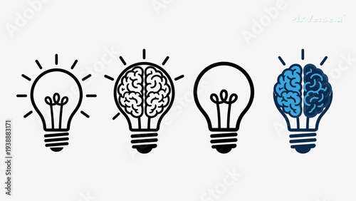 Set of Innovation and Intelligence Icons: Brain and Lightbulb Symbols Representing Creative Thinking, Logic, and New Ideas