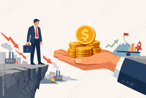 Businessman Standing on Cliff Edge During Economic Crisis Looking at Industry Failure While a Giant Hand Offers Gold Coins for Investment, High Risk High Return Opportunity and Financial Support.