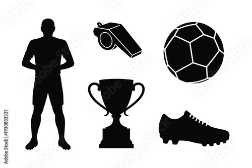 Black silhouettes of soccer player referee whistle trophy ball shoe