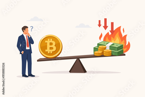 Businessman Comparing Bitcoin to Fiat Money on a Seesaw; Bitcoin as a Store of Value vs Burning Dollar Bills and Coins with Red Downward Arrows Representing Inflation and Loss of Purchasing Power