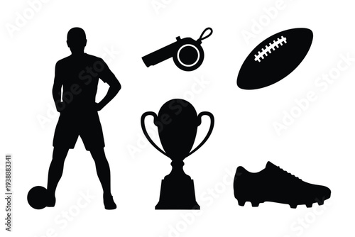 Black silhouettes of soccer player, trophy, football, whistle, and cleats
