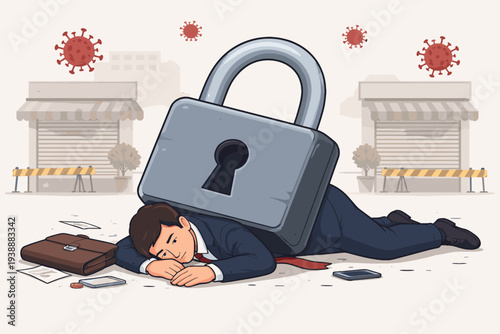 Businessman crushed by a giant padlock during a coronavirus pandemic lockdown, symbolizing business failure, unemployment, economic crisis, bankruptcy, and debt problems in a closed city street.