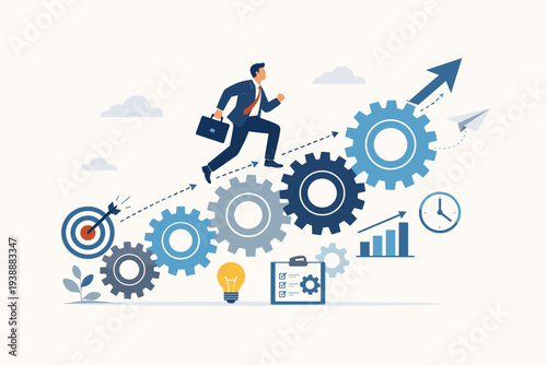 Businessman running up gear staircase towards success arrow, concept of best practices development strategy, business growth planning, progress implementation, and career improvement process.