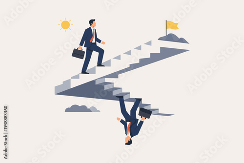 Businessman climbing stairs towards a goal flag while another man walks upside down on the underside, representing business paradox, different perspectives, career growth, and hidden paths.