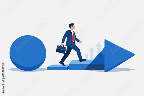 Business transformation and growth concept with businessman walking up steps evolving from a circle into a rising arrow, representing career progress, strategic change, and company success.