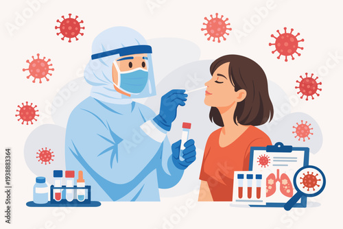 Healthcare Professional in Protective PPE Suit Performing Nasal Swab Test for COVID-19 on a Patient, Coronavirus Diagnostic Sampling with Medical Equipment, Test Tubes and Lung Analysis Illustration