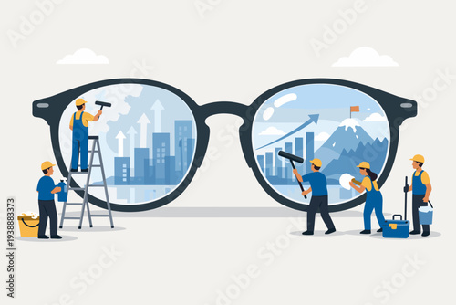 Business Vision Concept with Team of Workers Cleaning Large Eyeglasses to Reveal Clear Future Outlook, Financial Growth Charts, Cityscape, and Mountain Peak with Success Flag Vector Illustration