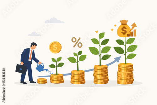 Businessman watering money plants on increasing stacks of gold coins, representing compound interest, financial growth, investment strategy, wealth accumulation, and long-term savings success.