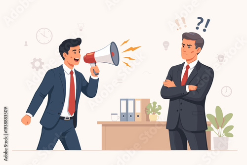 Businessman Shouting through Megaphone at Annoyed Boss in Office, Concept of Assertive Communication, Workplace Conflict, Leadership Skills, Managing Workload, and Saying No to Extra Tasks.