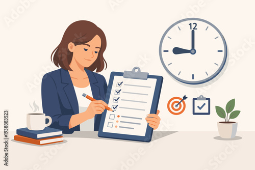 Professional woman marking a checklist on a clipboard for time management and productivity. Vector illustration of a business person organizing tasks, goals, and schedule with a wall clock.