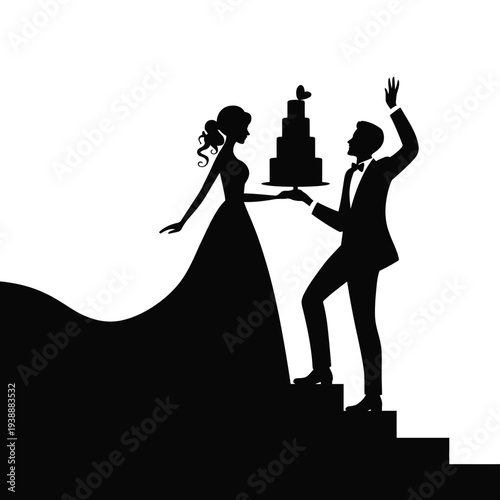 Bride and groom holding wedding cake on stairs silhouette