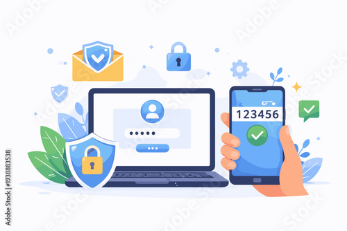 Two-Factor Authentication Concept with Laptop and Smartphone Displaying One-Time Password OTP for Secure Login and Account Protection, Cybersecurity Illustration with Shields and Padlocks.