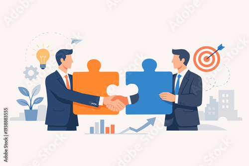 Business partnership and teamwork concept with two businessmen shaking hands through jigsaw puzzle pieces to find a solution, achieve success, and reach corporate goals in a professional setting.