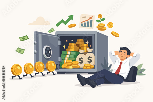 Passive Income and Financial Freedom Concept with Relaxed Businessman Sitting by an Open Safe Full of Money, Gold Bars, and Cash Stacks, Representing Investment Profit and Stock Market Dividends.