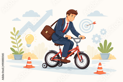 Businessman in a Professional Suit Riding a Small Red Bicycle with Training Wheels, Representing Career Growth, Business Success, Practice, Training, and Starting Small for Future Achievement.