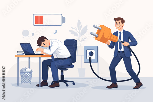 Vector illustration of an exhausted office employee with low battery icon being recharged by a colleague with a giant plug. Concept of burnout, fatigue, overwork, and workplace motivation.