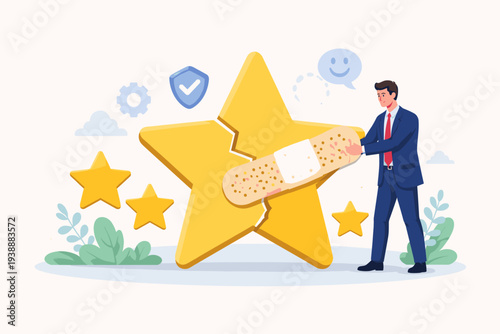 Businessman applying a bandage to a broken yellow star to repair brand reputation, fix customer trust, and manage rating crisis. Concept of service recovery and customer experience management.