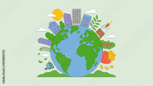 Earth surrounded by eco friendly icons and symbols on green background representing environmental conservation and sustainability