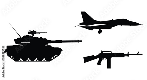 Military equipment including a tank fighter jet and rifle presented in stark black silhouette high quality