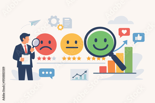 Sentiment analysis and customer feedback concept with businessman analyzing user reviews, emoticons for happy, neutral, and sad emotions, star ratings, and data charts for business satisfaction.