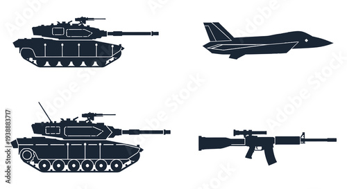 Detailed depictions of military vehicles and weaponry are shown in black silhouette high quality professional detailed