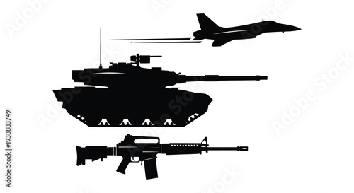 A stark black composition depicts military hardware including a tank jet and rifle silhouette high quality