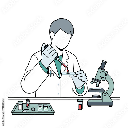 Scientist conducting blood test with microscope and pipette in laboratory