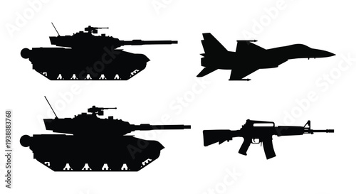 Black silhouettes of a tank fighter jet assault rifle and another tank are displayed prominently silhouette