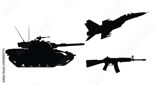 Military vehicles and weaponry depicted in stark black silhouettes against a white background silhouette high quality