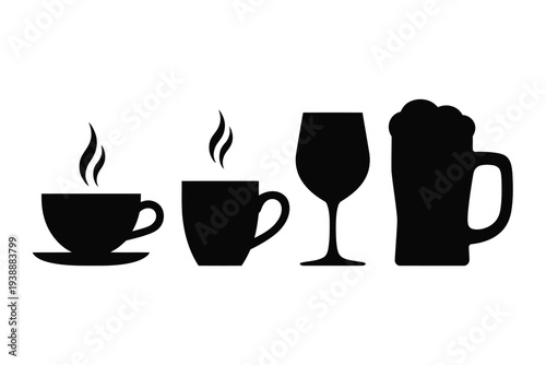 Four black drink containers with steam and foam coffee