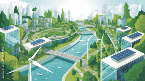 Sustainable cityscape with solar panels and green spaces eco friendly urban planning concept with renewable energy