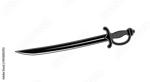 A detailed illustration of an antique curved saber presented in a striking black silhouette high quality