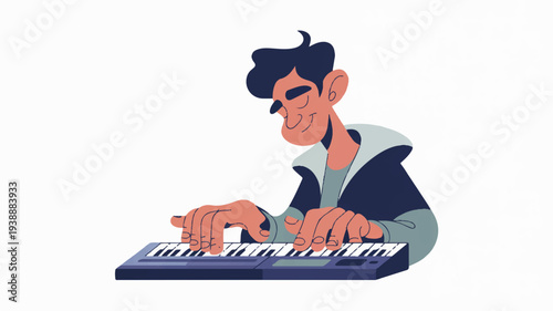 Young man playing electronic keyboard music focused musician with dark hair wearing casual clothes