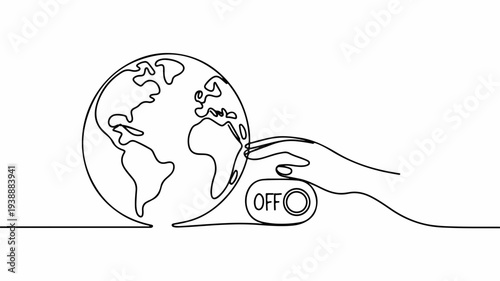 Hand turning off earth globe switch symbolizing global control power and eco friendly concepts