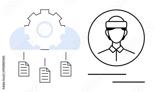 Cloud computing, data organization, virtual workforce, AI innovations, file sharing systems, tech automation. Minimalist design shows cloud with files and human profile in outline style. Cloud