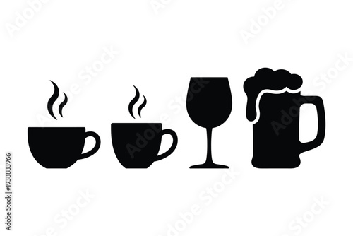 Four black silhouettes of drink containers with steam and foam