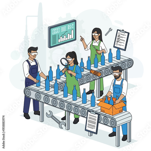 Factory workers inspecting bottles on assembly line, quality control, production process