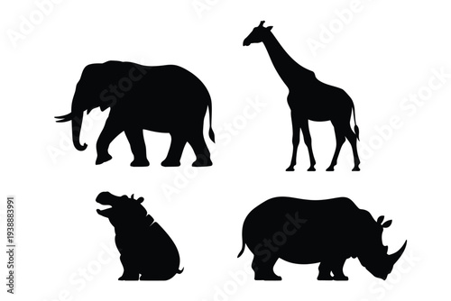 Four black silhouettes of elephant giraffe hippopotamus and rhinoceros