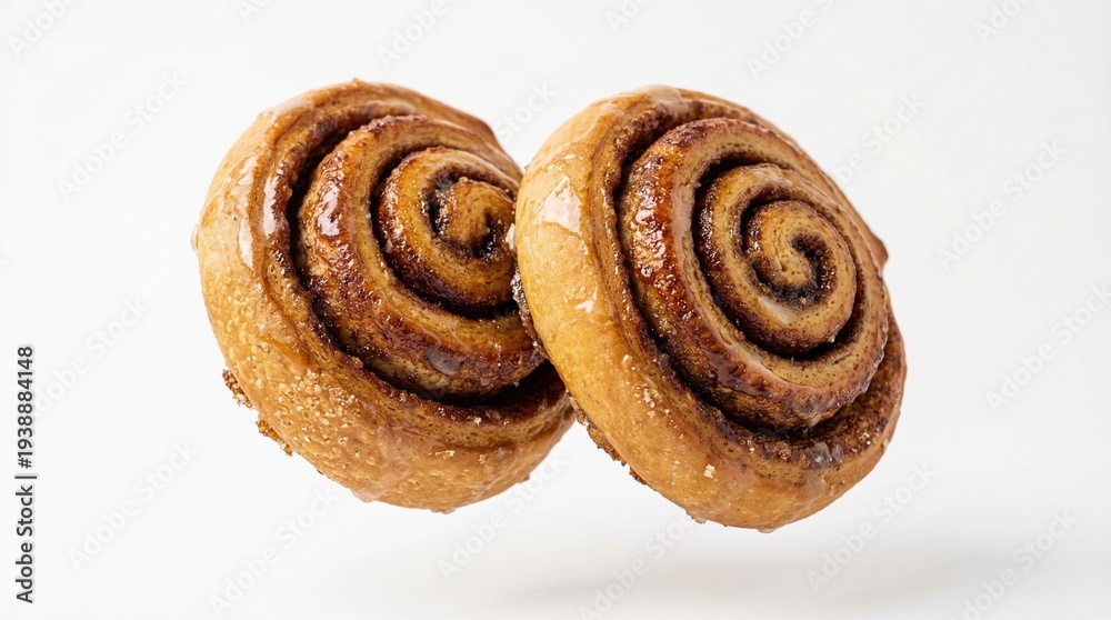 Fototapeta premium Two freshly baked cinnamon rolls with a sweet glaze, floating against a clean white background, showcasing their delicious spiral design.