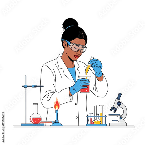 Scientist in lab coat performing experiment with beaker and test tubes, microscope nearby