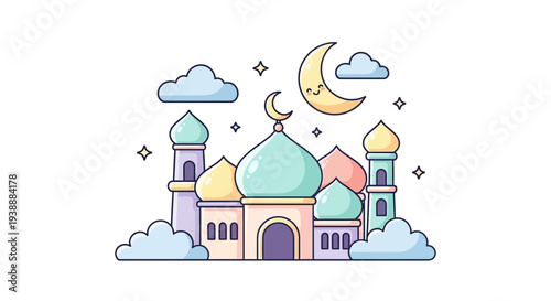 Mosque with crescent moon and clouds illustration