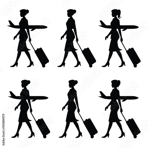 Silhouettes of women walking with luggage and surfboards